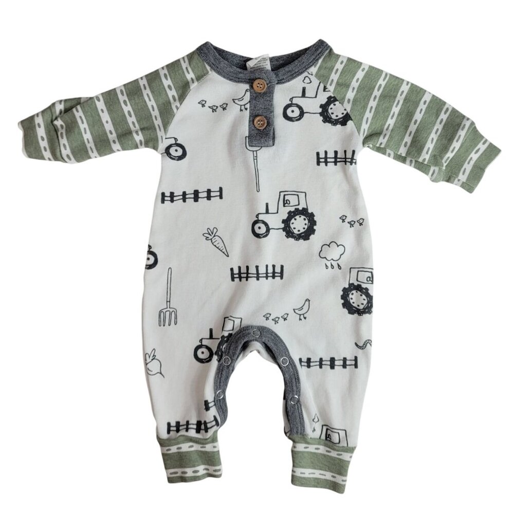 Tesa Babe Romper One Piece 0-3M Green Long Sleeve Snaps 100% Cotton Farm Tractor